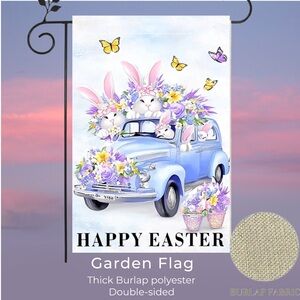Garden Flag, 12”x18”, Happy Easter Bunny & Car, Thick Burlap Polyester Doublesid